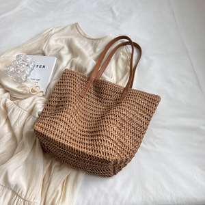 Sac à bandoulière tressé décontracté pour les <span class=keywords><strong>vacances</strong></span>, sac fourre-tout de plage en paille naturelle, cadeau de demoiselle d'honneur en gros - Product Image 5