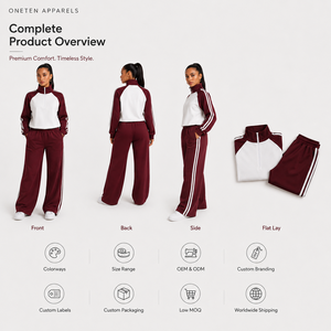 Ensemble de survêtement pour femme ONETEN APPARELS, couleur marron et blanc, blocs de couleur, manches longues, demi-zip, coupe ample, pantalon de jogging avec poches latérales - Product Image 3