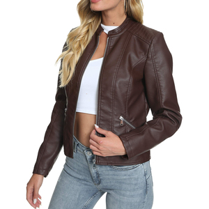 Blouson moto en similicuir marron pour femme, manches longues, fermeture éclair, col montant, vêtement d'extérieur décontracté, coupe courte - Product Image 4