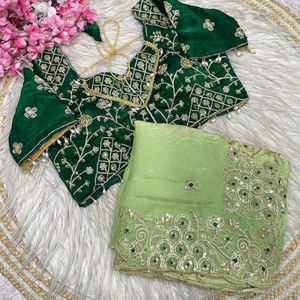 Sari de satén de seda de diseñador con bordado de lentejuelas y borde calado, con blusa cosida, precio mayorista de Royal Export - Product Image 1