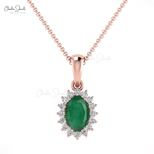 Pendentif en émeraude naturelle 6x4mm avec halo de diamants en or massif 14 carats, bijou en pierres précieuses pour femme, idéal pour le quotidien, prix de gros - Product Image 2