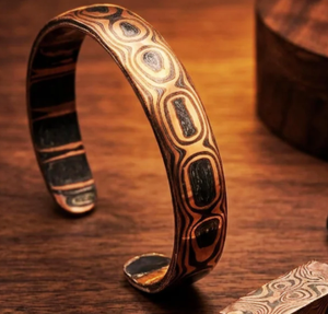 Copper Vintage Mokume Gane Patterned Textured Surface Open Cuff Bangle Bracelet Carved Antique Concentric Oval Ring Motif - Product Image 3
