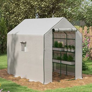 Serra Portatile 1,4m x 1,45m Resistente ai Raggi UV e all'Acqua, Scaffale a 2 Livelli a Forma di U per Fiori, Piccola Serra da Esterno per Giardini - Product Image 2