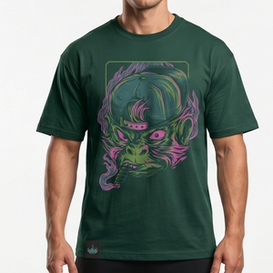 Camiseta Verde de Manga Corta para Hombre con Estampado de Mono, Corte Regular, Estilo Casual, Cuello Redondo, de Algodón Jersey, Unisex - Product Image 1