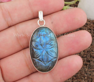 Pendentif en labradorite naturelle sculptée vintage en gros, bijoux en argent sterling 925, pierres précieuses, breloques fleurs artisanales à reflets bleus - Product Image 6