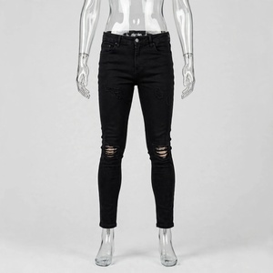 Jean en denim noir déchiré coupe slim pour homme, taille haute, en coton, délavé, décontracté, pour l'automne - Product Image 2