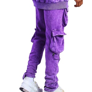 Men's Purple Acid Wash Tracksuit Full <b>Zip</b> <b>Hooded</b> Sweatshirt With Cargo Pants Solid Color 100% Cotton Casual Wear - Product Image 6