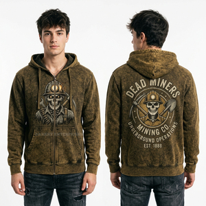 Sudadera con capucha y cremallera completa para hombre, con lavado ácido personalizado, gráfico Dead Miners, estilo vintage desgastado, streetwear - Product Image 1