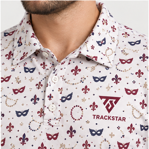 Trackstar <b>Men's</b> White <b>Burgundy</b> Carnival Mask Print <b>Polo</b> <b>Shirt</b> Short Sleeve Button Collar Golf <b>Shirt</b> Custom Logo - Product Image 5