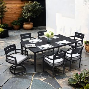 Set da Pranzo Moderno in Alluminio da Esterno a 7 Pezzi con 4 Sedie da Pranzo in Tessuto Sunbrella e 2 Dondoli Girevoli di Cu - Product Image 1