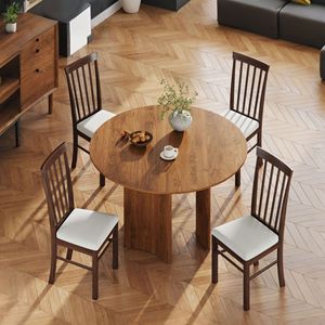 Set di 4 Sedie da Pranzo in Legno Stile Rustico, Marrone Scuro con Rivestimento Beige, Struttura in Legno di Gomma, Materiale in Ecopelle - Product Image 2