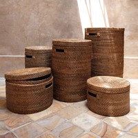 Op maat gemaakte ronde opbergbox van rotan met deksel en handvatten, handgemaakte manden voor opbergruimte, woonkamerdekens, gemaakt in Vietnam