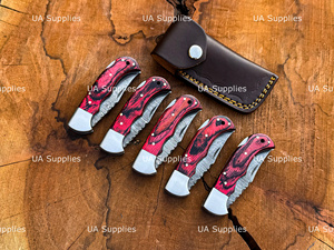 Custom Logo Damascus Steel Red Handle Back <b>Lock</b> Pocket Knife Hand Forged Folding Folder Factory Direct OEM ODM Wholesale - Product Image 5
