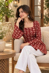 Red Elephant Print <b>Bell</b> Sleeve Tunic Square Neck Cotton Blend Casual <b>Dress</b> Women Empire Waist Flared Hem All Seasons Wear - Product Image 3