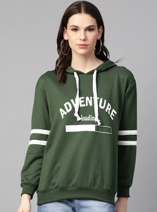 Sudadera con capucha verde para mujer con estampado de letras blancas y rayas en las mangas, top informal tipo jersey - Product Image 1