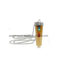 Aventurin 7 Chakra Tongkat Datar Liontin dengan Perak Dipoles Logam Rantai Kristal Penyembuhan Batu Reiki Kristal Perhiasan Liontin