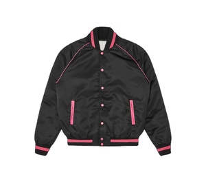 Chaqueta Bomber Negra para Hombre con Ribete Rosa, Corte Regular, Estilo Casual, Cuello Camisero, Material de Poliéster, para Otoño - Product Image 1