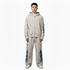 Ensemble de survêtement beige personnalisé : sweat à capuche et pantalon de jogging, motif graphique, streetwear décontracté, tenue de sport athlétique deux pièces - Product Image 1