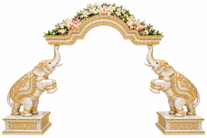 Superbe décoration de scène de mariage sud-indienne avec arche en forme d'éléphant, arche royale blanche et dorée, scène de mariage avec balançoire dorée - Product Image 3