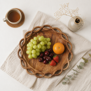 Vintage Luxury Acacia Wood <b>Dinner</b> Plate Hand Carved Braided Rim Decorative Display Dish Premium Round Wooden Salad Serving <b>Tray</b> - Product Image 6