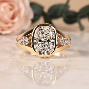 Vintage 14K Gold <b>Cushion</b> Cut Moissanite Ring Bezel Setting Milgrain Wide Band Split Shank Lab Diamond Engagement Ring For Women - Product Image 1