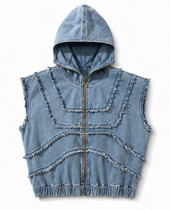 เสื้อกั๊กยีนส์มีฮู้ดแขนกุดสำหรับผู้ชายสไตล์สตรีทแวร์ - Product Image 3