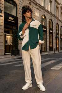 Chemise Homme Teal à Manches Courtes, Col Boutonné, Blocs de Couleurs, Bordure Blanche Contrastante, Boutons Unis, Haut de Vacances 100% Polyester - Product Image 3