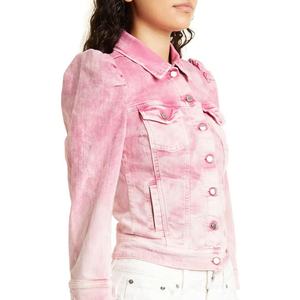 Veste en jean rose délavé pour femme avec épaules à volants, col rabattu, style décontracté à manches courtes, idéale pour le printemps - Product Image 4