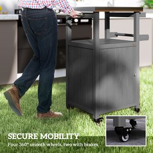 Carrello da Cucina per Esterni in Legno Massello Grigio Scuro con Piano in Acciaio Inox e Ruote, Foro Integrato per Grigliate all'Aperto - Product Image 6