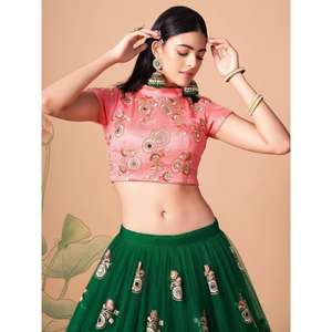 Abundant <b>Green</b> Mirror Work <b>Net</b> Reception Wear Lehenga Choli - Product Image 4