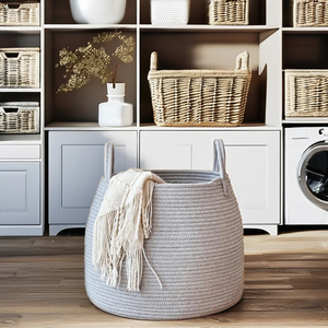 Modern Eco-Friendly Foldable Square Laundry Hamper with 100% Cotton Rope <b>Woven</b> Fabric for Dirty Clothes - Product Image 1