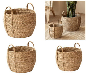 Vietnam Manufacturer Retro Style Seagrass Floor Storage Pots Handles Handwoven Eco-Friendly Durable 24L Capacity Outdoor - Product Image 3