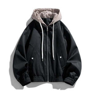 <b>Men</b> Washed Hooded Bomber Jacket Front Zipper Loose Fit Casual Waterproof Streetwear Geometric Outerwear for Spring Autumn - Product Image 3