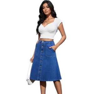 Jupe crayon midi en jean pour femme GRACE COLLECTION, boutonnée sur le devant, poches, couleur unie, style décontracté hiver, tissu en coton lavé - Product Image 1