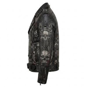 <b>Mens</b> Grim <b>Reaper</b> Skull Graphic Distressed Leather Jacket Heavy Metal Punk Spiked Chains Biker Coat Custom Wholesale - Product Image 4