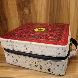 Handmade Western Stylish Hair on <b>Tooled</b> Cowhide <b>Leather</b> Jewelry Box Cute Trendy Travel Jewelry Storage Box - Product Image 1