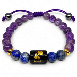 Bracelet en cristal premium du zodiaque Aquarius avec perles d'améthyste, étiquette en cuivre gravée d'un symbole sanskrit - Cadeau souvenir - Product Image 1