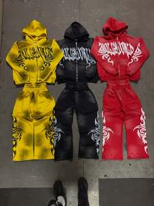 2027 Streetwear Graphic <b>Sweatsuits</b> Cropped Zip up Hoodie and Sweatpants Custom Baggy Distressed Acid Washed Men's Tracksuit Sets - Product Image 1