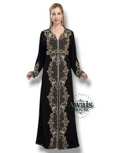 Robe Kaftan Abaya en Chiffon pour Femmes, Simple et Élégante, Col Montant, Manches Longues, Broderie de Paillettes, Applique, Couleur Unie - Product Image 3