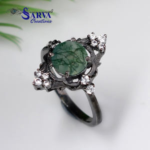 Anillo de Ágata Musgosa Natural con Corte Redondo y Detalles de Circonia Cúbica, Plata de Ley 925, Anillo de Compromiso y Boda Vintage para Mujer - Product Image 2