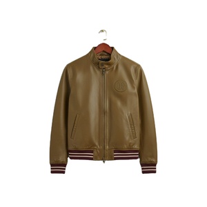 Veste en cuir haut de gamme pour homme, col montant en toile, fermeture éclair intégrale, doublure intérieure douce, poignets et ourlet côtelés élégants - Product Image 2