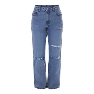 Pantalones vaqueros de tendencia apilados Vintage para mujer, pantalones vaqueros desgastados con corte de bota, pantalones vaqueros rasgados de pierna recta, pantalones para novio, pantalones para niñas, pantalones vaqueros para mamá