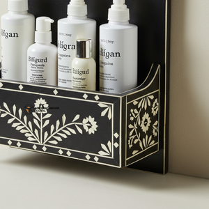Estante de Baño de Lujo con Incrustaciones de Hueso Negro – Estante de Vanidad Floral Montado en la Pared Hecho a Mano con Incrustaciones de Hueso Negro - Product Image 5