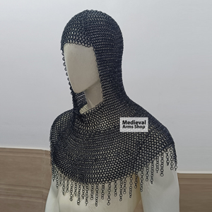 Coif de chevalier médiéval noir en maille de fer doux avec draperie d'épaule pour reconstitution historique, Halloween et fêtes de Noël - Product Image 4