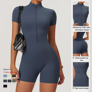 <b>Women's</b> Olive Green High Neck Zip Front Jumpsuit Short Sleeve High Waist Skinny Fit Breathable Spandex Polyester Spring Summer - Product Image 6