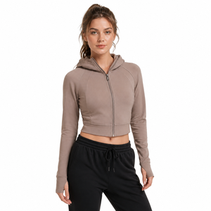 Custom <b>Womens</b> Cropped Zip-Up Hooded Breathable Streetwear Gym <b>Jacket</b> Thumbhole Yoga Activewear Private Label OEM Nylon - Product Image 3