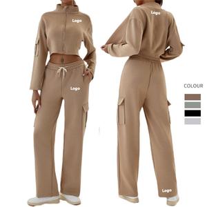 Bolsillo lateral Chaquetas cortas con cremallera Venta al por mayor Jogger Yoga Fitness Deportes Cordón Pantalones al aire libre Entrenamiento Conjunto de 2 piezas para mujer - Product Image 1