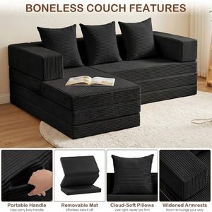 Sofá Seccional Modular Moderno de Pana Negra, Sofá Nube sin Estructura con Chaise Longue en Forma de L, Cojines para Sala de Estar, Apartamento, Hogar - Product Image 4