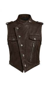 Chaleco de moto de cuero genuino negro para hombre, cuello en V, cierre de cremallera, longitud corta, color sólido, ropa exterior - Product Image 4