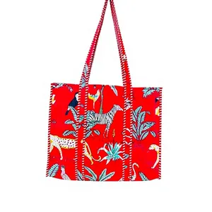 Bolso Tote Acolchado de Algodón Estilo Bohemio con Estampado Tropical, Diseño Abierto para Compras en Todas las Estaciones - Product Image 2